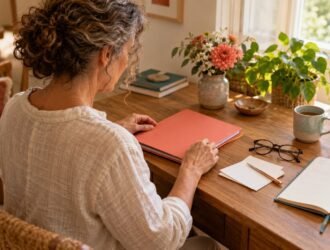 Woman organizing papers and a folder at a table.