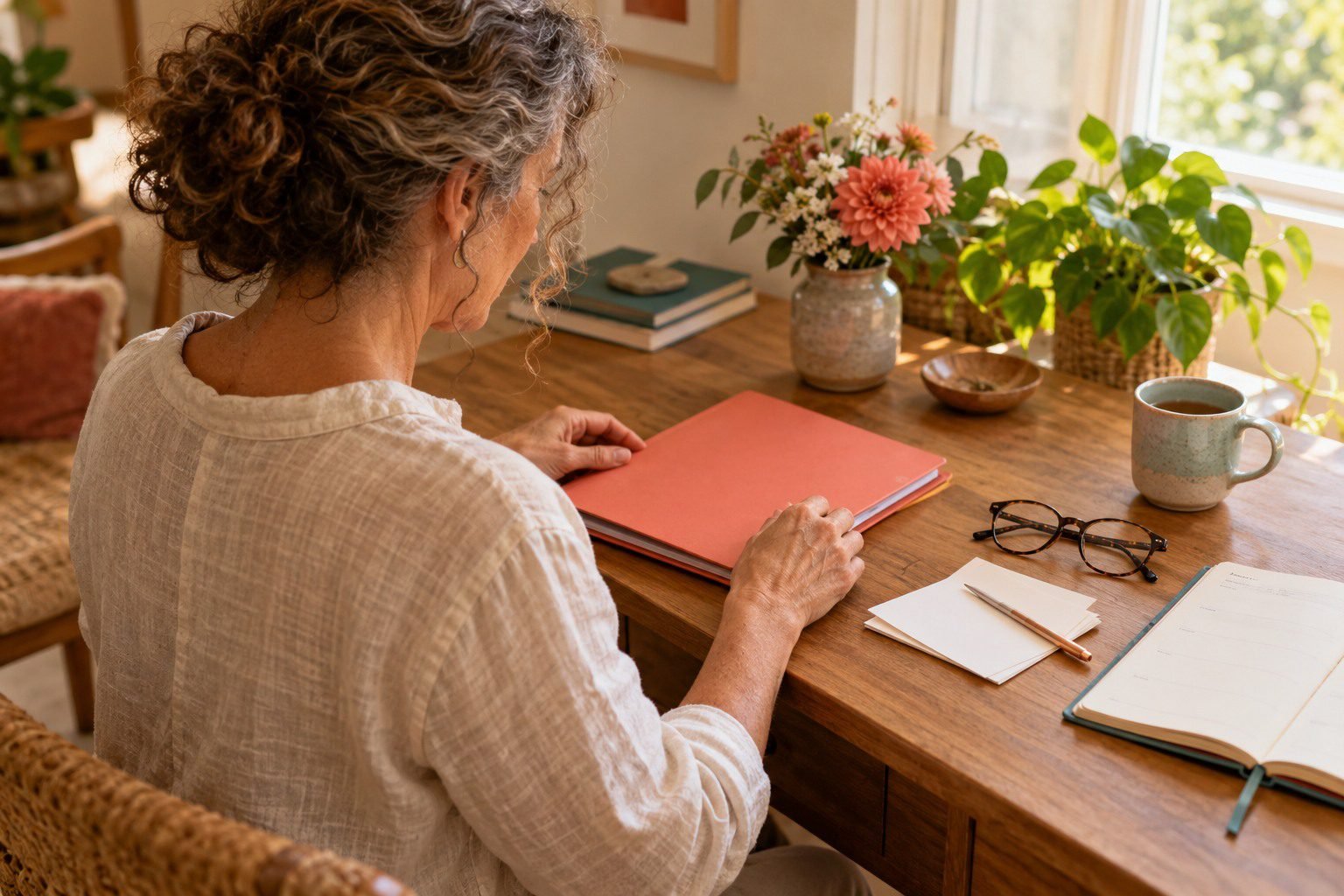 Woman organizing papers and a folder at a table.