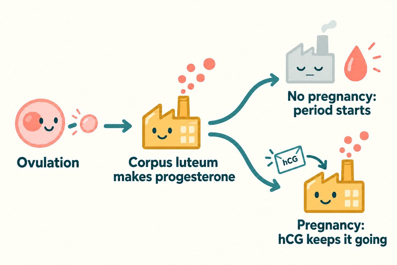 After ovulation a symbolic corpus luteum factory makes progesterone; without pregnancy it fades, while an hCG signal supports it in pregnancy.
