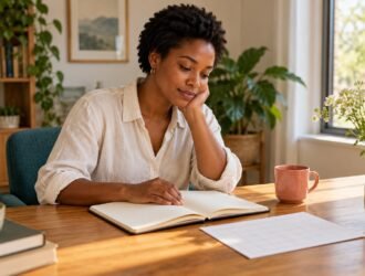 Woman reading a notebook at a sunlit desk with a plain calendar nearby.