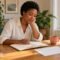 Woman reading a notebook at a sunlit desk with a plain calendar nearby.