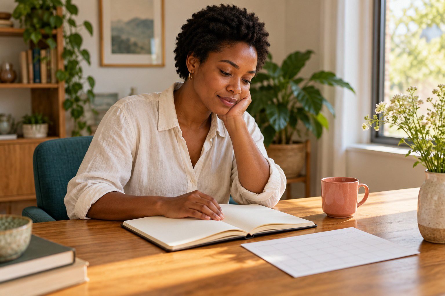 Woman reading a notebook at a sunlit desk with a plain calendar nearby.