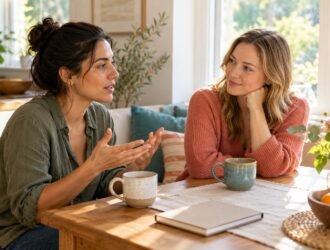 Two women talking together over coffee at a bright table.