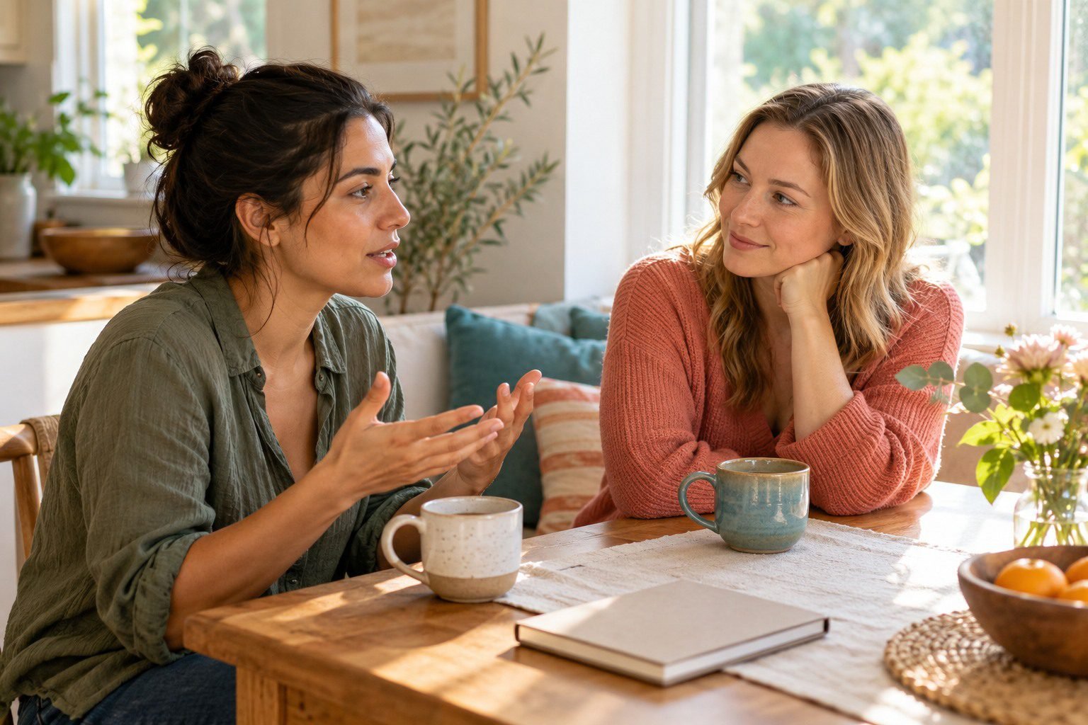 Two women talking together over coffee at a bright table.
