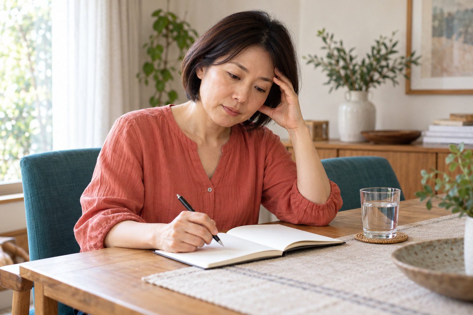 Woman seated at a table with a notebook and glass of water, resting one hand lightly at her temple.