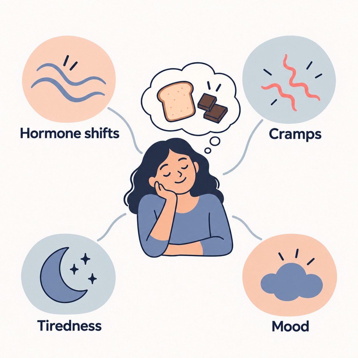 A person thinking about bread and chocolate, with surrounding symbols labelled Hormone shifts, Cramps, Tiredness, and Mood.
