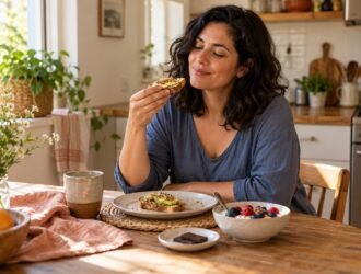 Woman enjoying toast at a sunlit kitchen table with yogurt, berries, and chocolate nearby.