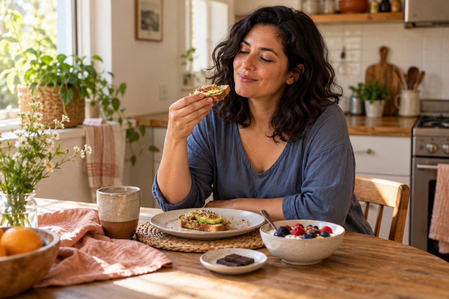 Woman enjoying toast at a sunlit kitchen table with yogurt, berries, and chocolate nearby.