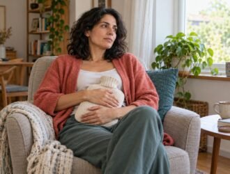 Woman seated in an armchair holding a covered hot water bottle against her clothed belly.