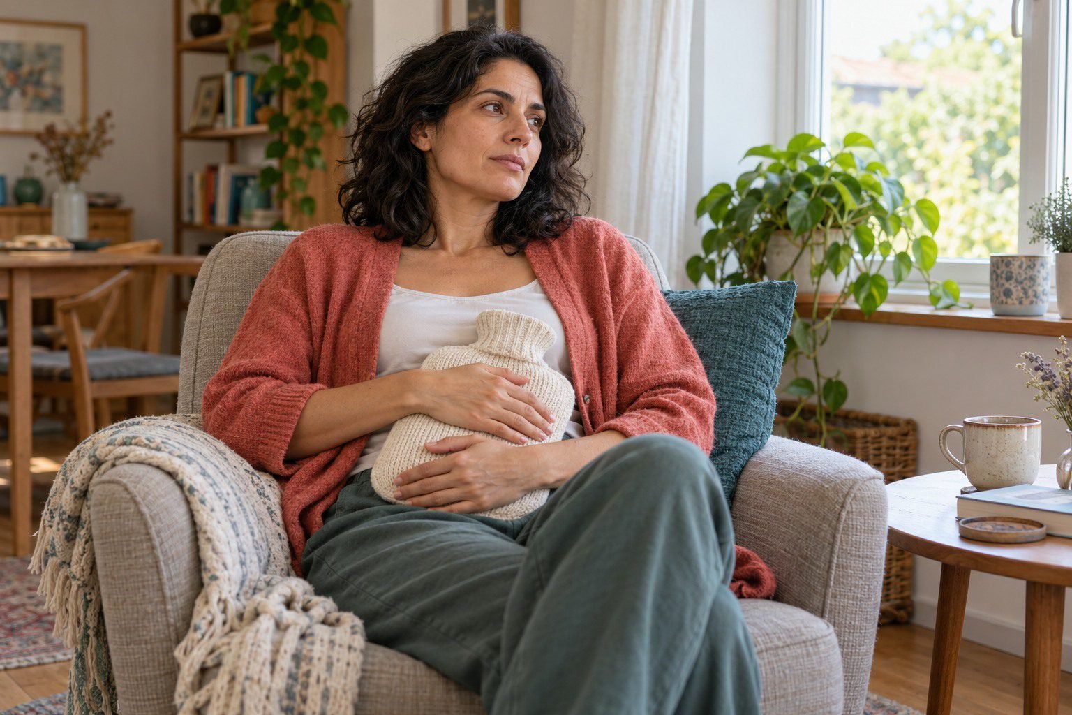Woman seated in an armchair holding a covered hot water bottle against her clothed belly.