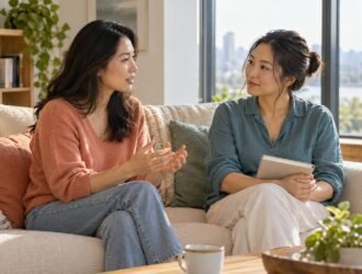 Two women talking on a sofa by a window, one holding a plain notebook.