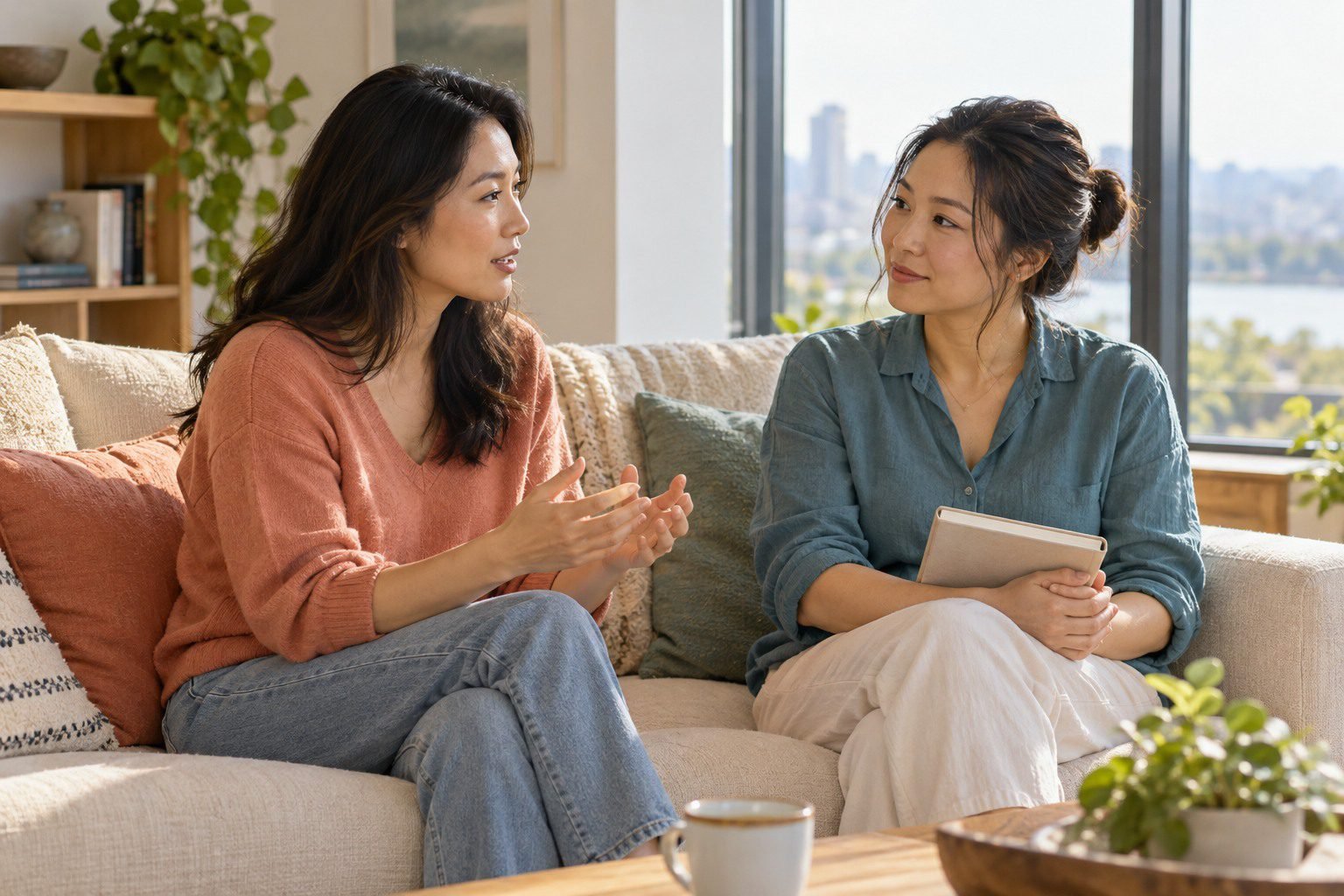 Two women talking on a sofa by a window, one holding a plain notebook.