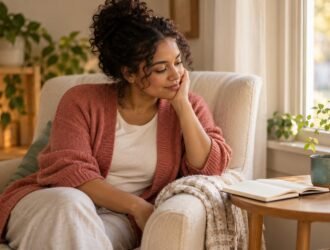 Woman taking a quiet pause beside an open notebook and a folded blanket in a sunlit room.