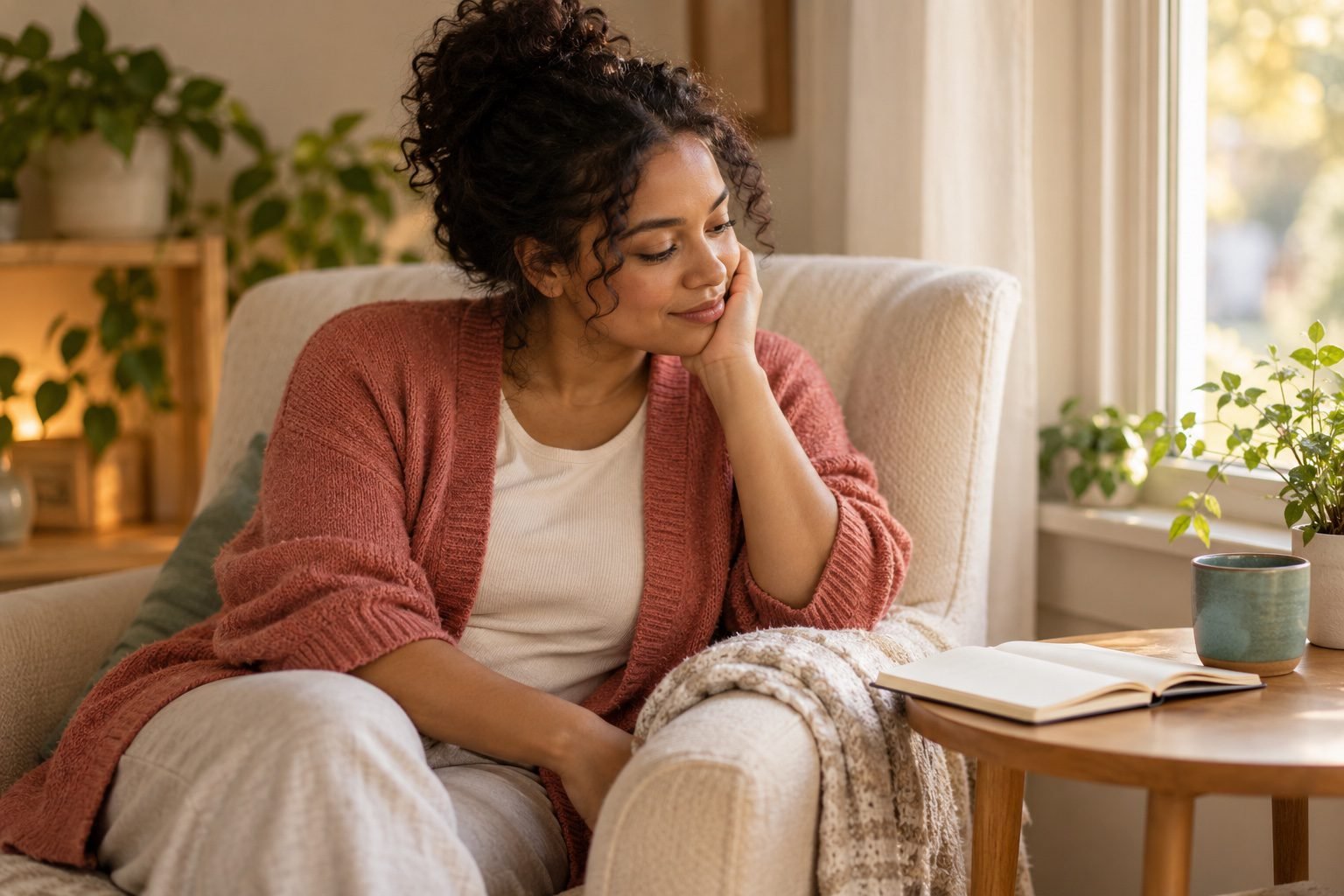 Woman taking a quiet pause beside an open notebook and a folded blanket in a sunlit room.