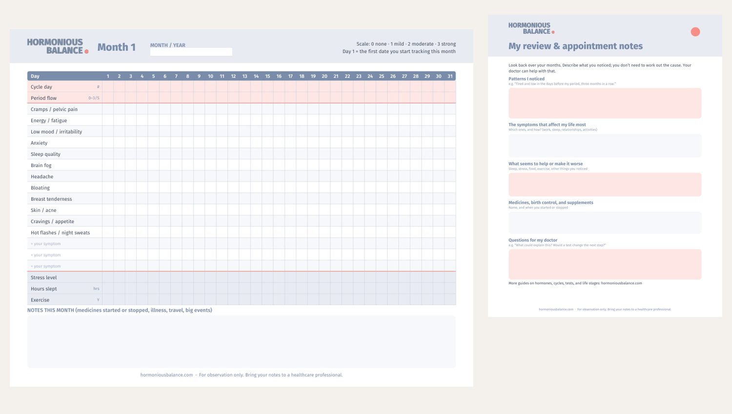 Actual monthly tracking grid and appointment review page from the free hormone symptom tracker PDF.